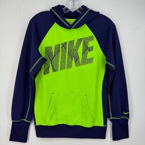 Nike Womens Small Hoodie Sweatshirt Neon Green Indigo Blue Big Logo Pocket LS